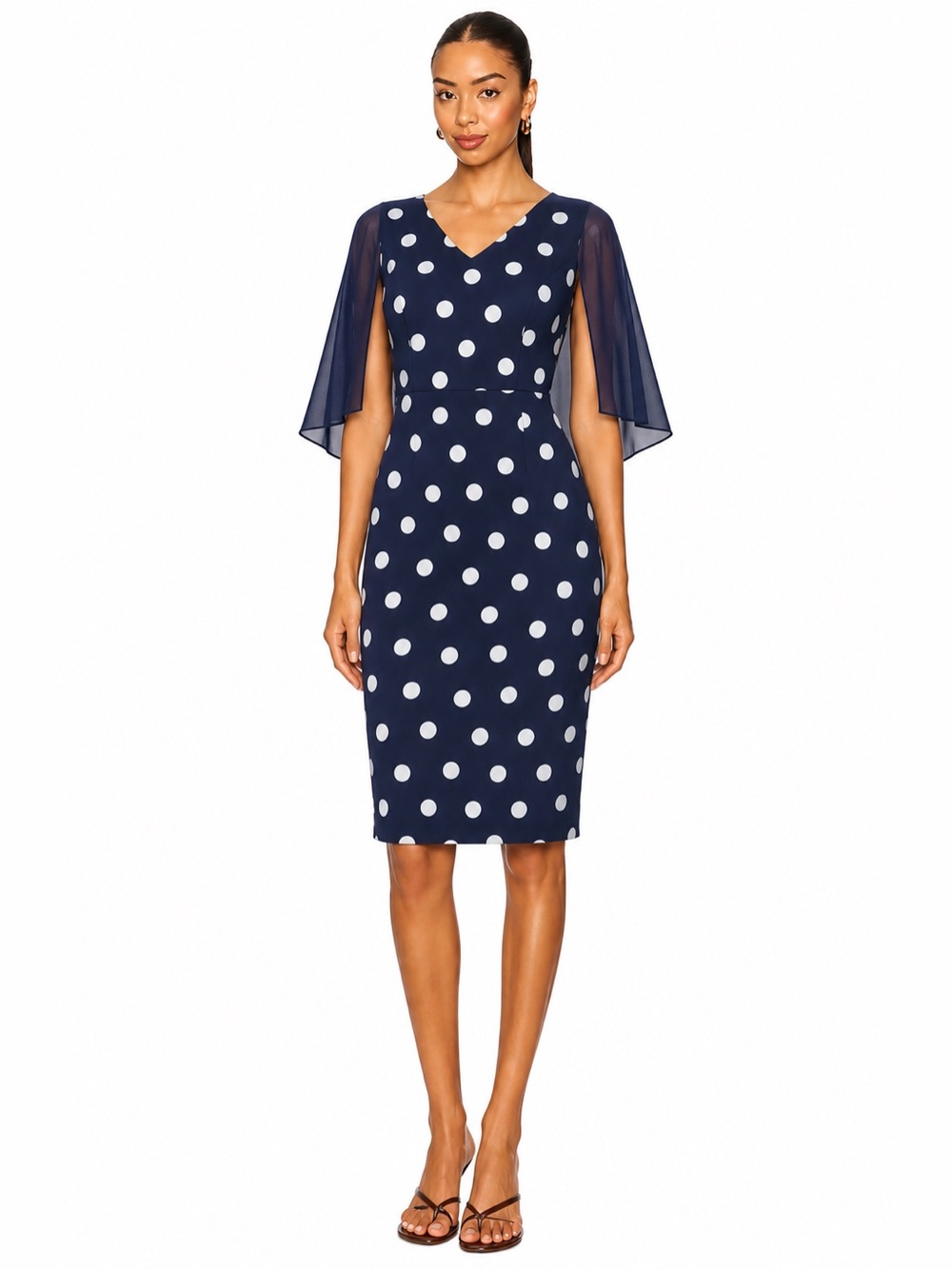 Lamusa Navy Polka Dot Sheath Dress Sheer Cape Sleeve Wedding Guest 📐EU44